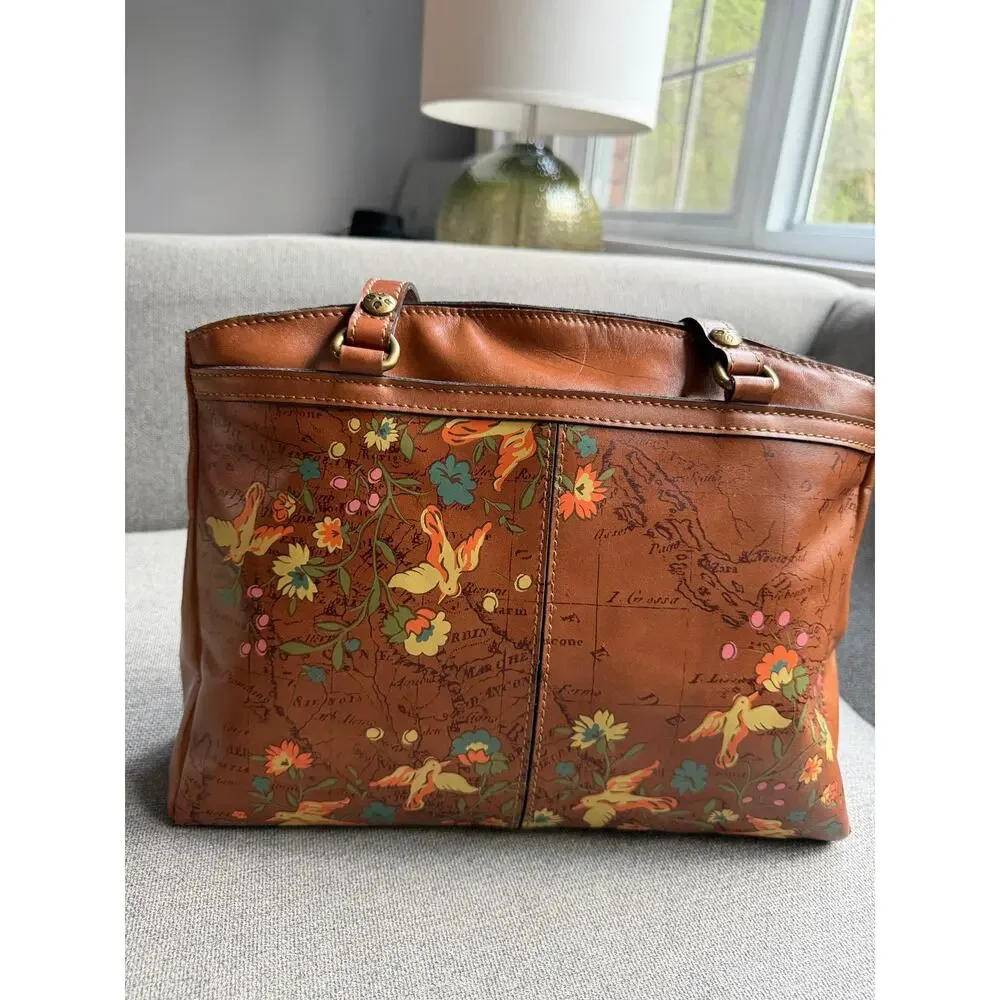 Patricia Nash Poppy Leather Boho Tote Shoulder Bag Floral Bird Map Print Tan